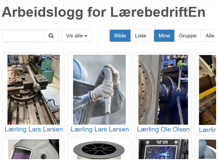 Bilde som viser et utsnitt av en instruktørs bildeoversikt over sine lærlingers arbeidslogger i FIFF.
